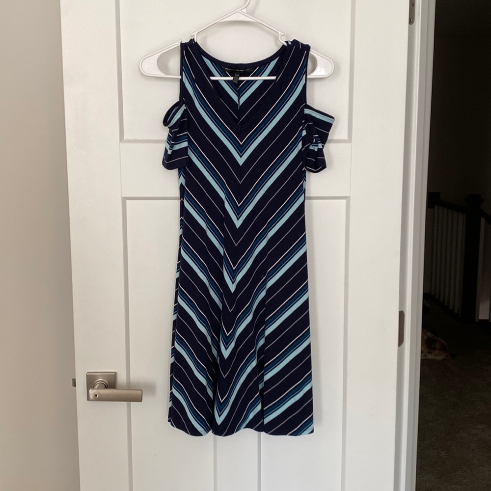 Navy blue striped v neck dress with cutout sleeves